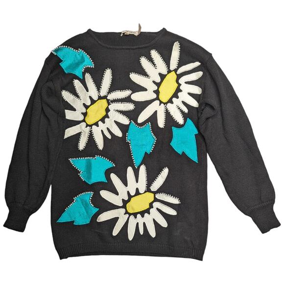 Vintage Sweaters - Vtg 1980s L'Eau Vive Black Daisy Pearl Applique Pullover Silk Blend Sweater S